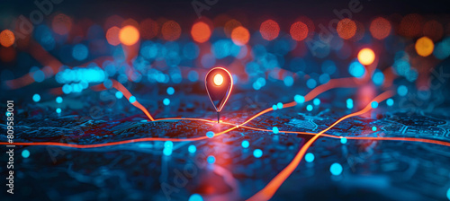 PS marker on a map indicating location, neon bokeh background