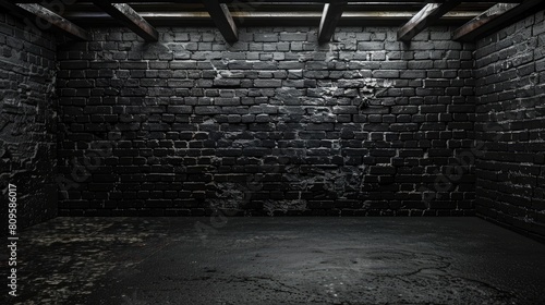 Texture and backdrop of un plastered black brick walls with a black brick wall background in an empty basement