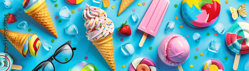 summer ice cream illustration featuring a variety of flavors including white, pink, and yellow, arranged on a blue wall with black glasses in the foreground