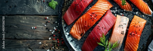 Sashimi, Fresh Seafood Dish, Smoked Salted Raw White Fish Fillet Slices, Red Fish, Toothfish, Salmon