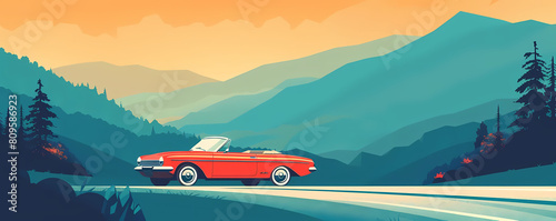 summer road trip illustration featuring a red car driving through a scenic landscape of tall green trees, a blue mountain, and an orange sky