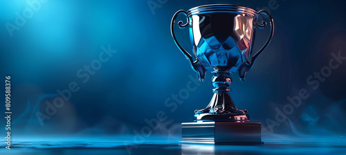 Trophy cup, blue background, champions concept