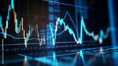 Detailed analysis of stock market trends: zoomed-in view of rising candlestick chart patterns on a blue monitor display