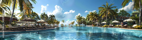 tropical paradise resort scene featuring a blue swimming pool surrounded by lush palm trees and a clear blue sky, with a brown umbrella providing shade and a white cloud adding to the picturesque view