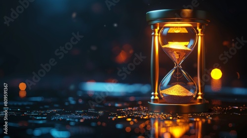 An hourglass with glowing sand flowing, symbolizing the passage of time on a dark background.