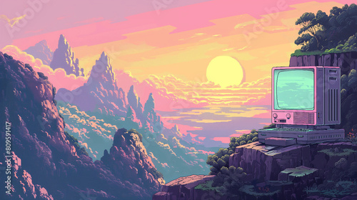 Retro Computer on Cliff with Vintage Sunset and Cloudy Sky