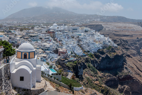 Santorini, Greece, May 3, 2024. Landscape of the capital Fira with the Church of Saint Stylianos