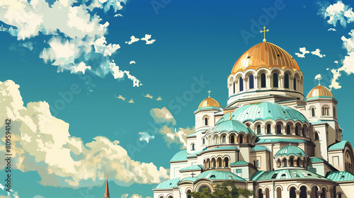 copy space, illustration, Alexander Nevski cathedral, Sofia. Must-see touristic spot in Sofia, the capital city of bulgaria, europe. Catholic-orthodox church. Tourist hot-spot.