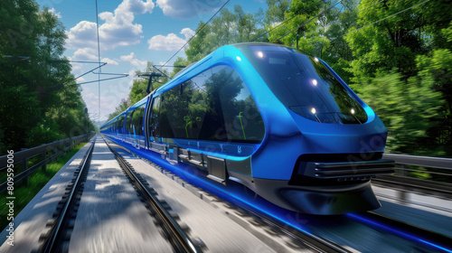 Hydrogen-powered train runs on clean energy, producing only water vapor as a byproduct.