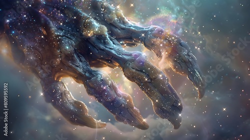 Celestial Claw Adorned with Stardust and Iridescent Clouds An Ethereal Embrace of Cosmic Grandeur Generative ai