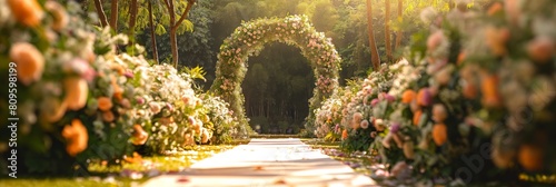 An enchanting floral wedding arch stands in nature, bathed in sunlight, creating a romantic outdoor matrimonial setting