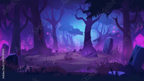 Dark forest at night. Modern cartoon illustration of creepy deep forest landscape with tree trunks, grass and stones.