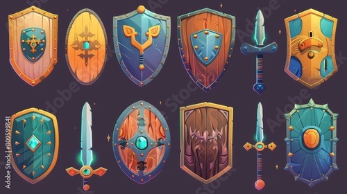 Cartoon fantasy medieval armor in metals and woods, knight ammunition, iron or wooden guard screens collection, isolated modern icons.