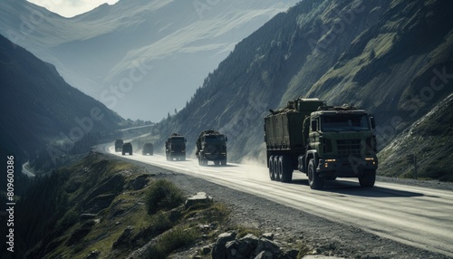 A group of military trucks led by soldiers driving down a steep mountain road