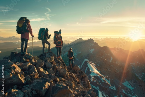 A group of four people are hiking up a mountain