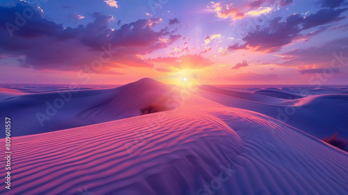 Vibrant sunset over sand dunes in desert landscape