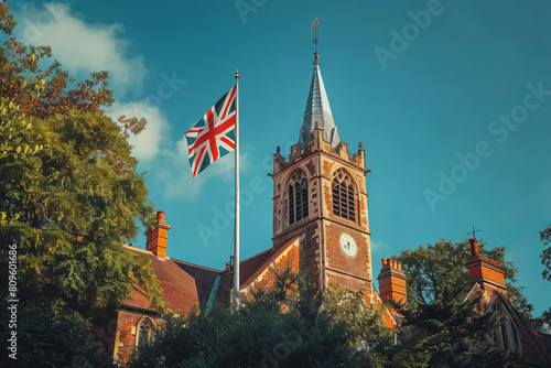 Union Jack Flag flutters beside historic church under sunny sky