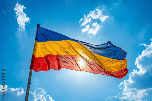 Romanian flag waving against a bright blue sky