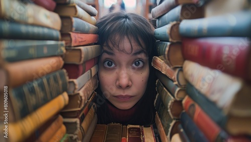 A customer poses with a stack of books taller than themselves, pretending to be buried under the weight of knowledge, with a mischievous glint in their eye.