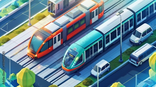 Trams and trains with locomotives and wagons in isometric perspective. Modern poster of passenger transportation with flat illustration of commuter and railway cities.