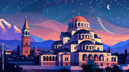 illustration, Alexander Nevski cathedral, Sofia. Must-see touristic spot in Sofia, the capital city of bulgaria, europe. Catholic-orthodox church. Tourist hot-spot. Night view.
