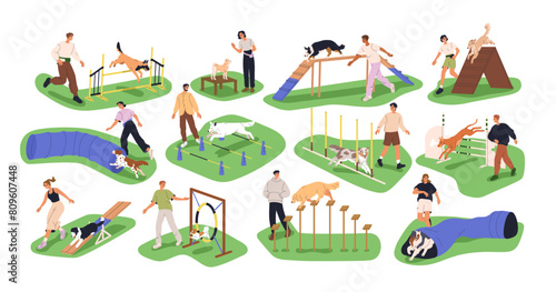 Dog agility training at outdoor playground set. Puppies performing canine obstacle course, running through tunnel, jumping hurdles. Owner, trainers teaching smart doggies. Flat vector illustration