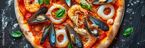 Seafood Pizza, Pizza Ai Frutti Di Mare with Squid Rings, Mussels and Shrimps with Tomato Sauce