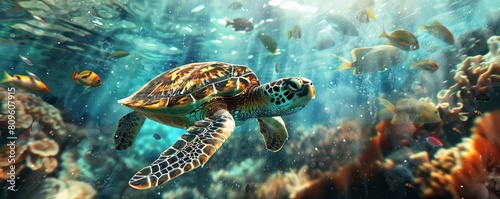 Happy cute sea turtle swimming freely in the blue ocean. Scuba diving with the underwater sea turtle. RIch blue sea water background. AI generated illustration