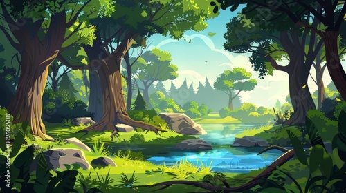 Ancient forest landscape with old tall trees, green grass and river. Modern illustration of sunrays penetrating thickets, clear blue water in a lake. Natural background for game design.