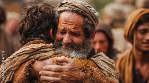 Parable of the prodigal son joyful father embracing his returning son