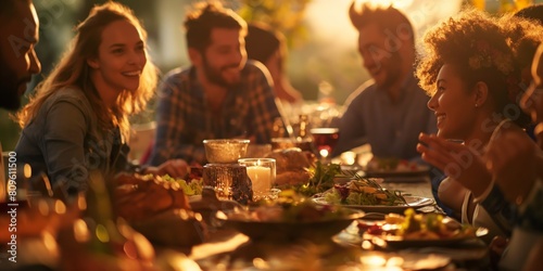 A lively dinner party with friends enjoying a meal outdoors during sunset