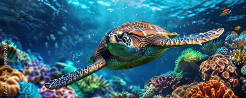 Happy cute sea turtle swimming freely in the blue ocean. Scuba diving with the underwater sea turtle. RIch blue sea water background. AI generated illustration