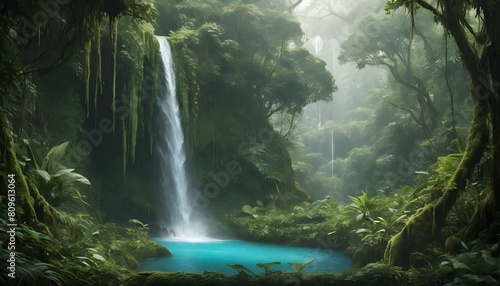 A waterfall hidden in a lush jungle with gradients upscaled 3