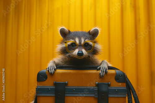 Racoon with suitcase, summer, created with Generative AI technology
