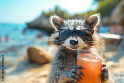 Racoon in sunglasses with cocktail, summer, created with Generative AI technology