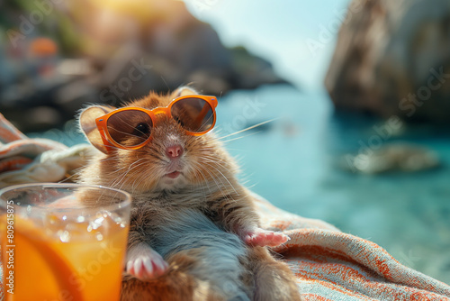 Hamster relax on beach, summer, created with Generative AI technology
