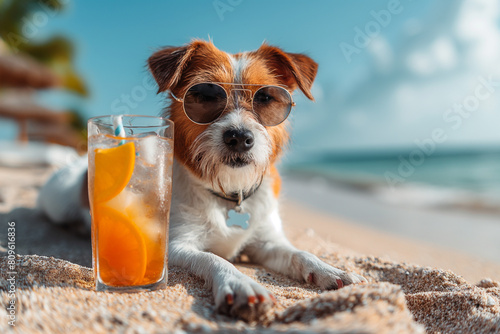 Dog in sunglasses chilling on sea, summer, created with Generative AI technology