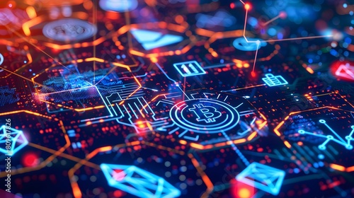 concept of tokenization with an image of various assets represented as digital tokens on a vibrant and dynamic background, illustrating the versatility of blockchain technology.