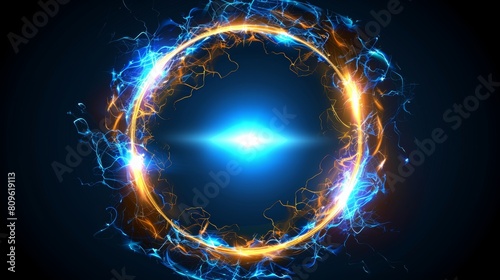 The magic round portal is painted in a firelight effect. A neon energy ring frame is surrounded by thunderbolts shining brightly. A multiverse shines in blue and gold. An abstract transparent sparkle
