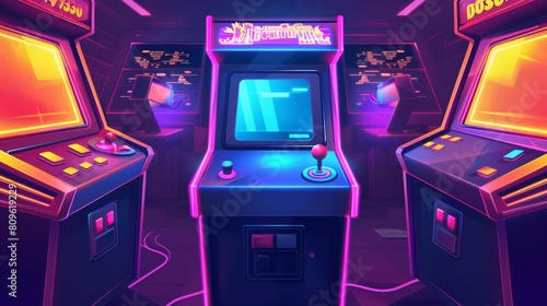 Video game machine with neon lights, glowing screen, joystick controller, and coin slot. Modern illustration set showing vintage console interface.