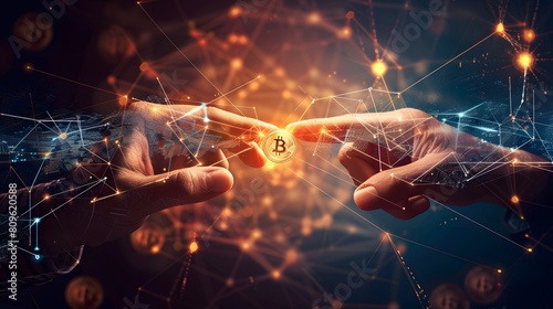 peer-to-peer transactions with an image of two people exchanging cryptocurrency using mobile devices, demonstrating the direct and efficient nature of blockchain transfers.