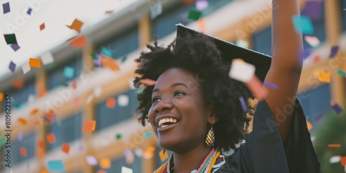 An elated African American graduate celebrates with confetti falling around her at the graduation ceremony