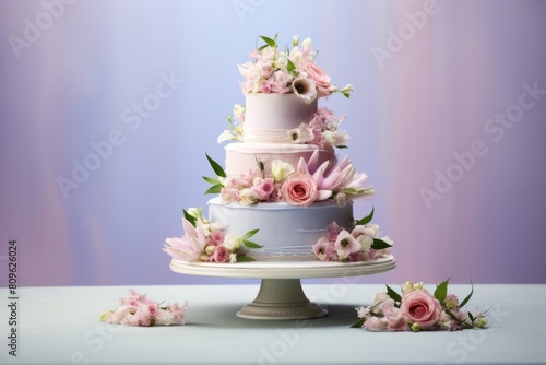 Romantic Floral Wedding Cake On Pedestal, A Symbol Of Sweet Beginnings. Generative AI