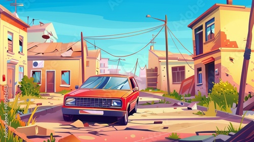 An old abandoned broken car with wheels stands in the alley of a ghetto neighborhood. This modern illustration shows a crime town alleyway with buildings and damaged transportation.