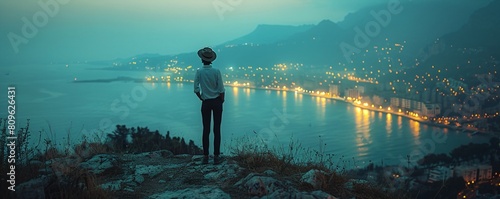 panorama view of the city from one hill, a girl stands on top of that mountain