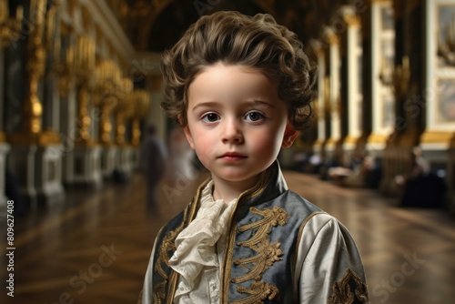 Portrait of a child in historical costume with an elegant palace interior backdrop