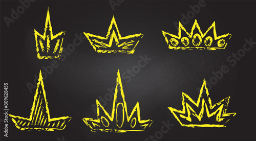 Doodle crown on chalkboard background. King and queen sketchy grunge tiara hand draw. Crayon brush stroke rough imperial texture icon. Abstract cute charcoal insignia trendy shape illustration