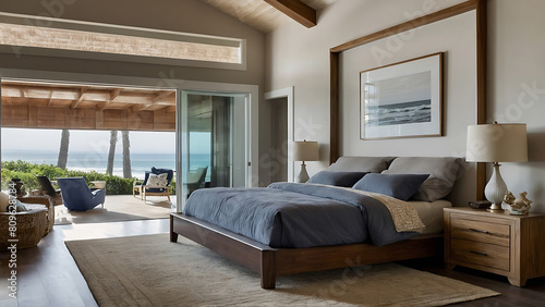Modern beach house bedroom with seaview