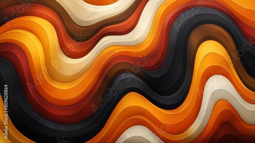 Soulful background swirls in funk retro hues of yellow, orange, and brown, reminiscent of 70s retro illustrations, creating a colorful abstract backdrop adorned with wavy lines.