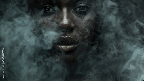 Gesicht einer Frau im Nebel vom Zigarettenrauch in Nahaufnahme